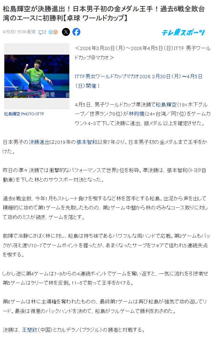 18岁日乒新星松岛辉空仰天大笑吐舌庆祝引热议，